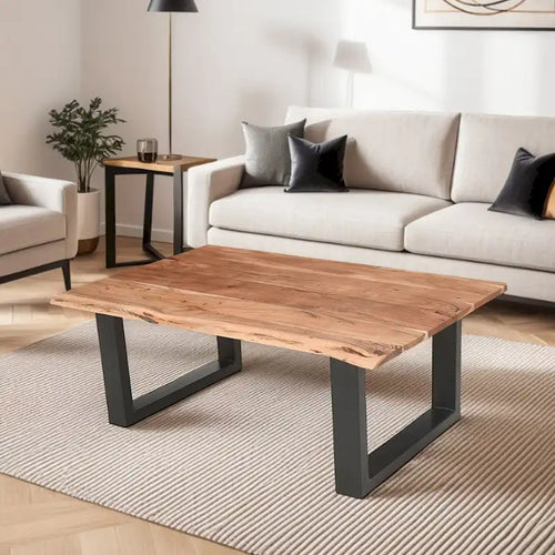 Landelijke salontafel van acaciahout van 45 inch met natuurlijke randen en metalen sledebasis, bruin en zwart