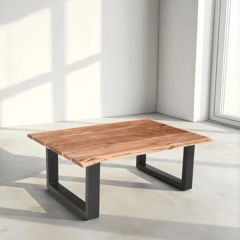 Mesa de centro estilo granja de acacia de 45 pulgadas con bordes naturales y base metálica tipo trineo, marrón y negro