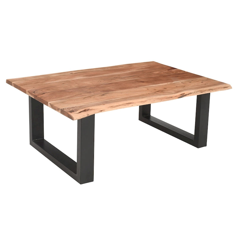 Mesa de centro estilo granja de acacia de 45 pulgadas con bordes naturales y base metálica tipo trineo, marrón y negro