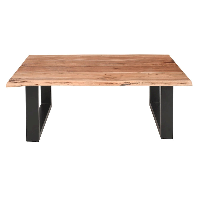 Mesa de centro estilo granja de acacia de 45 pulgadas con bordes naturales y base metálica tipo trineo, marrón y negro
