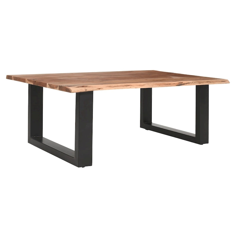 Mesa de centro estilo granja de acacia de 45 pulgadas con bordes naturales y base metálica tipo trineo, marrón y negro
