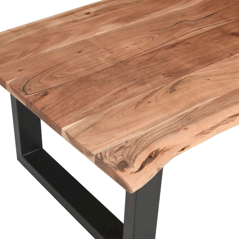 Mesa de centro estilo granja de acacia de 45 pulgadas con bordes naturales y base metálica tipo trineo, marrón y negro