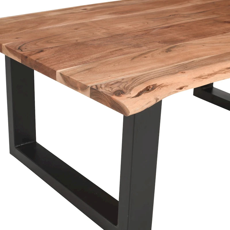 Mesa de centro estilo granja de acacia de 45 pulgadas con bordes naturales y base metálica tipo trineo, marrón y negro