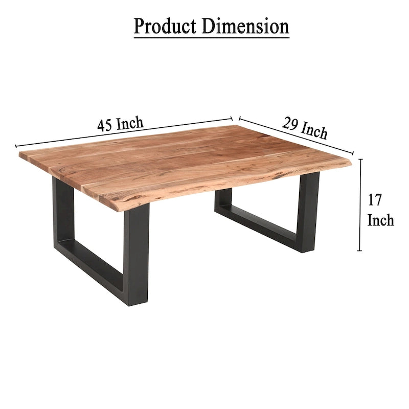 Mesa de centro estilo granja de acacia de 45 pulgadas con bordes naturales y base metálica tipo trineo, marrón y negro