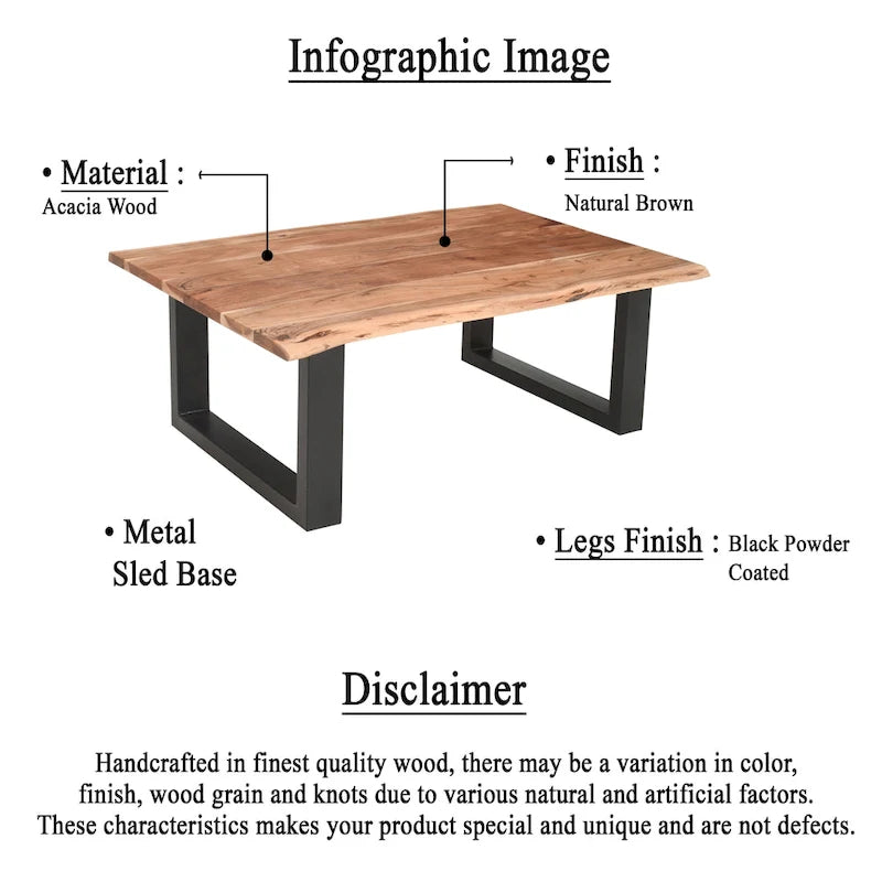 Mesa de centro estilo granja de acacia de 45 pulgadas con bordes naturales y base metálica tipo trineo, marrón y negro