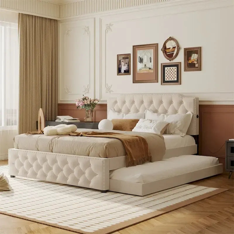 Cama plataforma matrimonial con cama nido individual y 2 puertos USB a cada lado