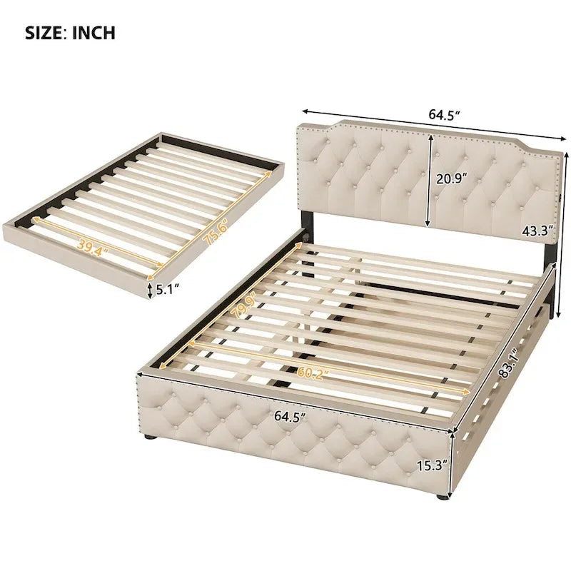 Cama plataforma matrimonial con cama nido individual y 2 puertos USB a cada lado