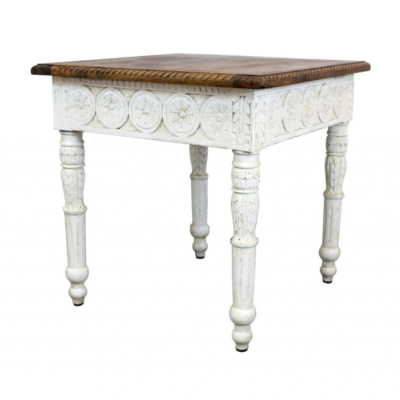 Mesa auxiliar cuadrada de madera maciza color marfil y marrón de 24 pulgadas