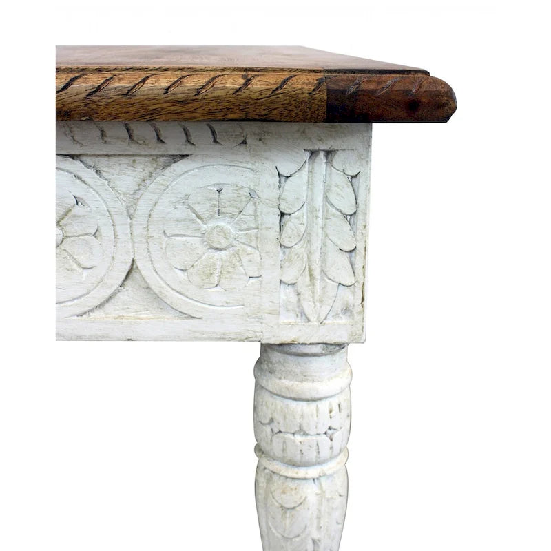 Mesa auxiliar cuadrada de madera maciza color marfil y marrón de 24 pulgadas