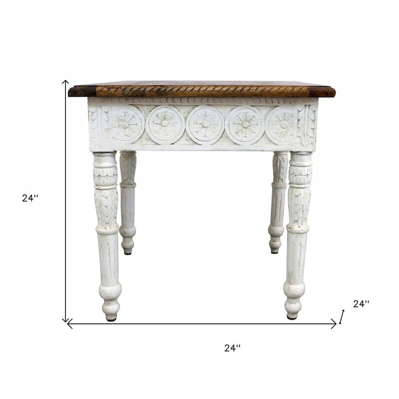 Mesa auxiliar cuadrada de madera maciza color marfil y marrón de 24 pulgadas