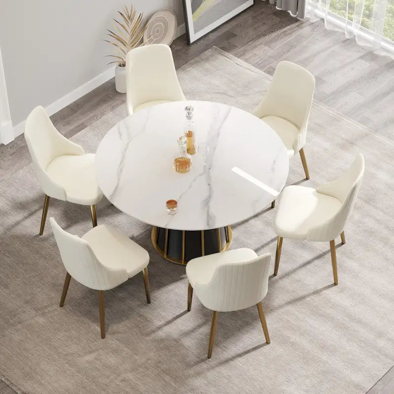 Mesa de comedor redonda de piedra sinterizada blanca de 53 pulgadas con bandeja giratoria