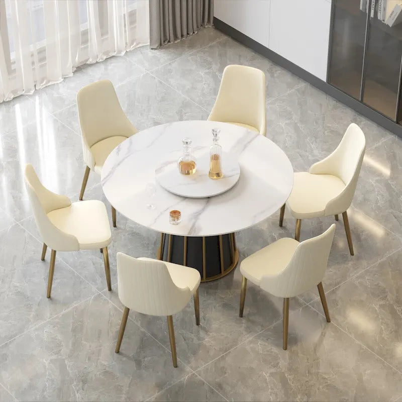 Mesa de comedor redonda de piedra sinterizada blanca de 53 pulgadas con bandeja giratoria