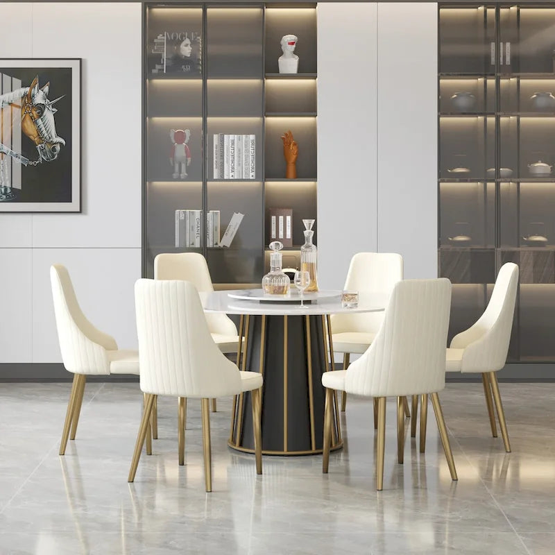 Mesa de comedor redonda de piedra sinterizada blanca de 53 pulgadas con bandeja giratoria