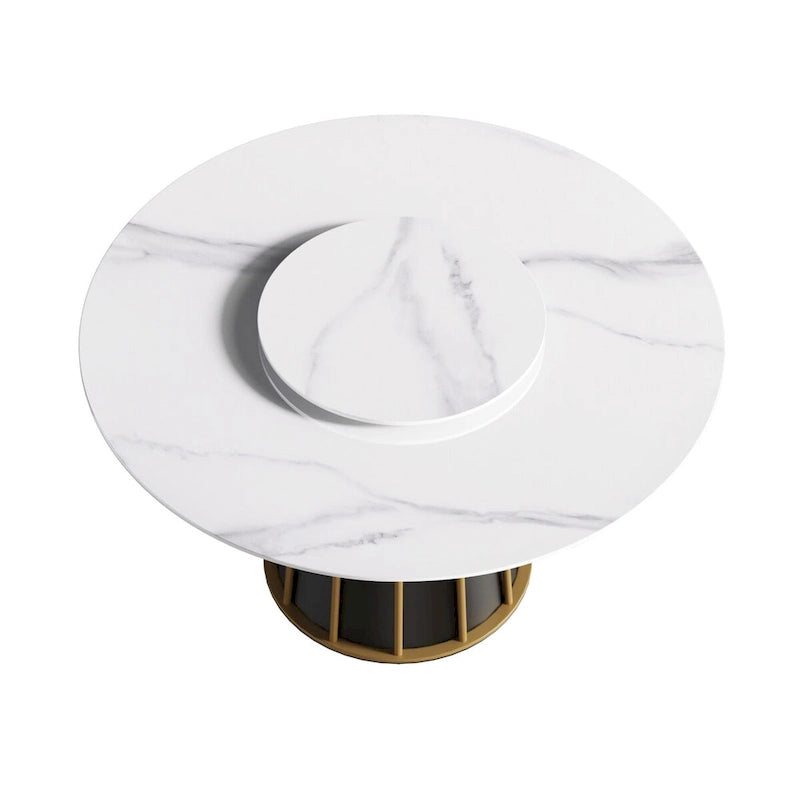 Mesa de comedor redonda de piedra sinterizada blanca de 53 pulgadas con bandeja giratoria