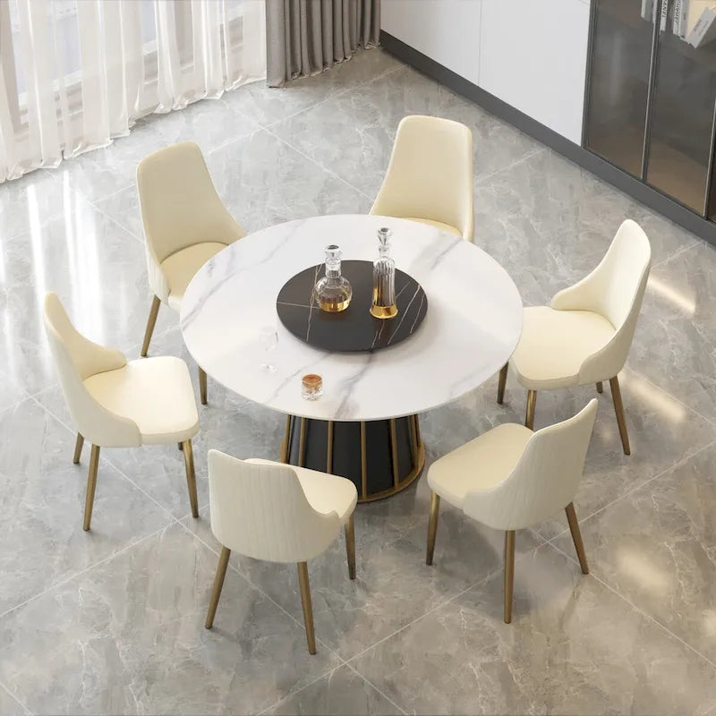 Mesa de comedor redonda de piedra sinterizada blanca de 53 pulgadas con bandeja giratoria