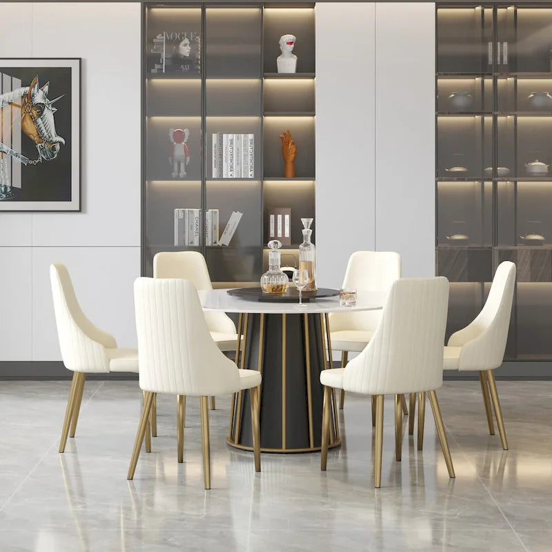Mesa de comedor redonda de piedra sinterizada blanca de 53 pulgadas con bandeja giratoria