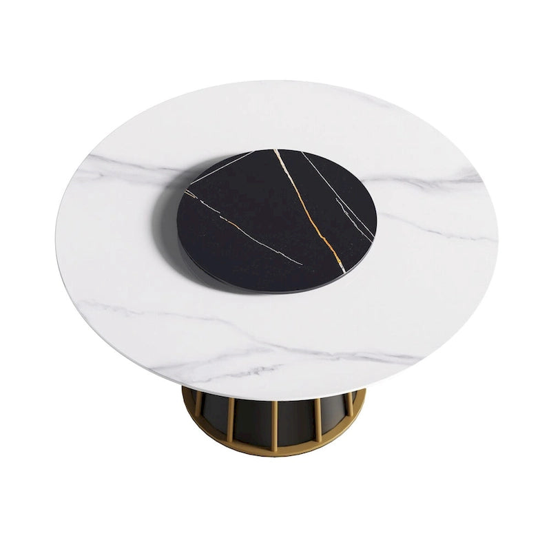 Mesa de comedor redonda de piedra sinterizada blanca de 53 pulgadas con bandeja giratoria