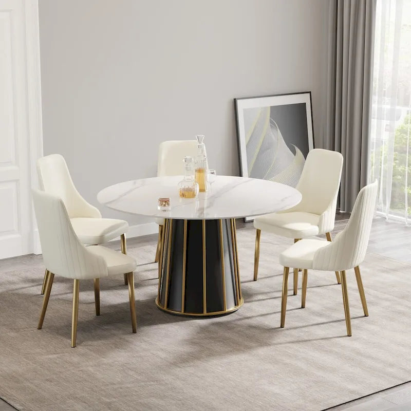 Mesa de comedor redonda de piedra sinterizada blanca de 53 pulgadas con bandeja giratoria