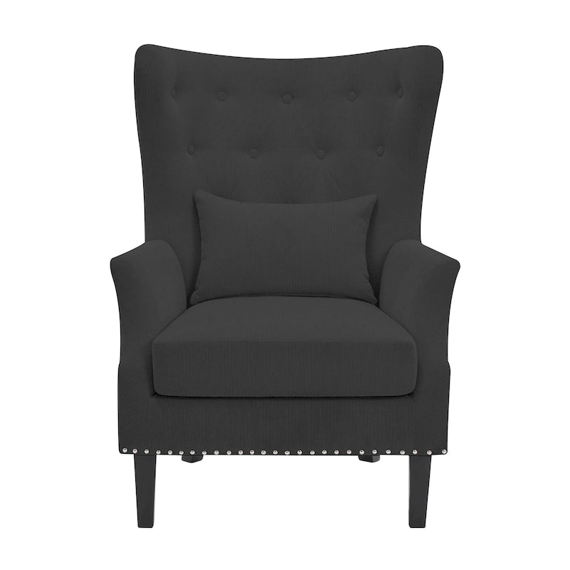 Sillón clásico con respaldo alto, ribete de tachuelas y pana, con cojín lumbar y patas de madera de caucho