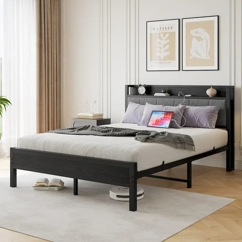 Bedframe voor queensize matras met hoofdbord met opbergruimte en oplaadstation
