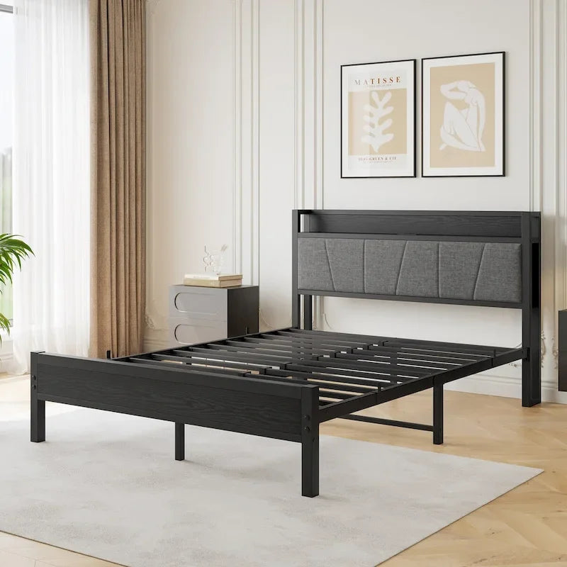 Bedframe voor queensize matras met hoofdbord met opbergruimte en oplaadstation