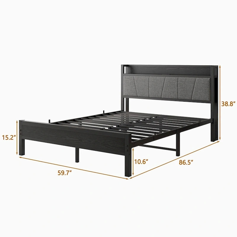 Bedframe voor queensize matras met hoofdbord met opbergruimte en oplaadstation