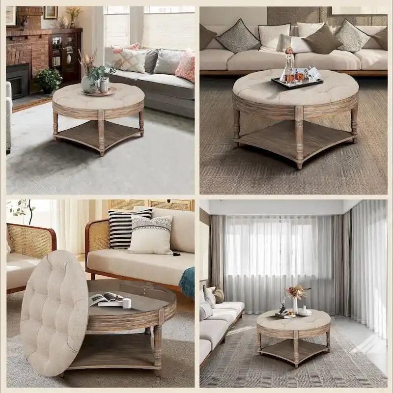 Runder Couchtisch mit 2 Ebenen und Knopfsteppung